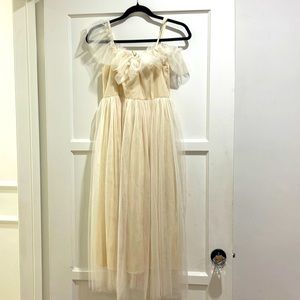 Selling beautiful cream colored, off the shoulder, mesh, flowy, dress.